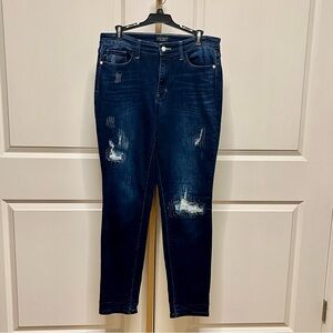 Judy Blue Dark Blue Distressed Boyfriend Fit Skinny Jeans Sz 13/31